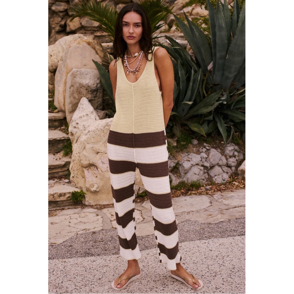 Free People Colorblock Knit Tank Jumpsuit in Cream and Brown